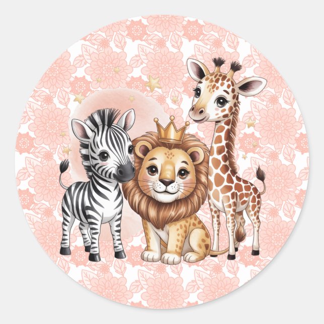 Pegatina Redonda Cute Safari Animals With Pink Florals (Anverso)