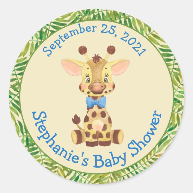 Pegatina Redonda Cute Safari Giraffe Personalizado Niño Baby Shower (Anverso)