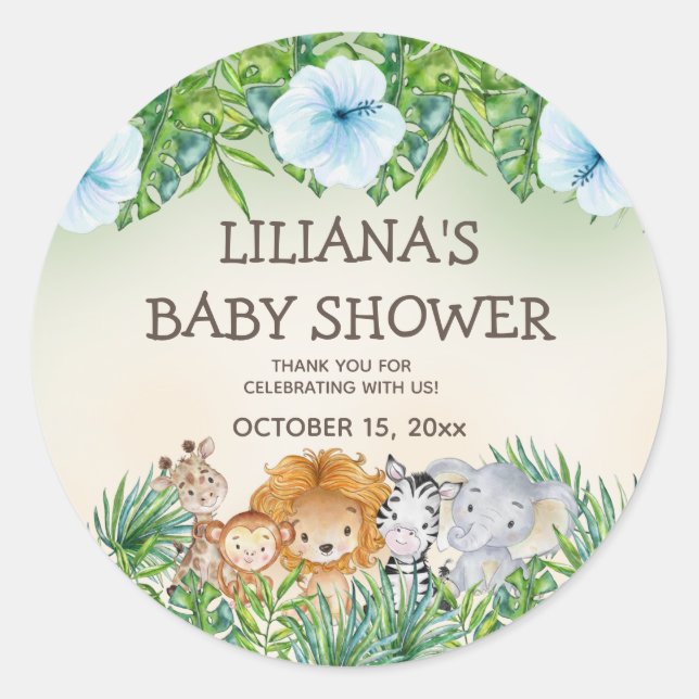 Pegatina Redonda Cute Safari Jungle Animals Boy Baby Shower (Anverso)