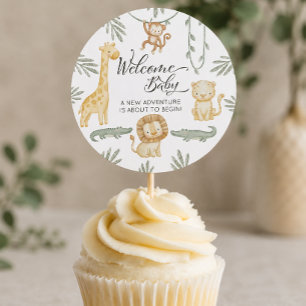 Pegatina Redonda Cute Safari Jungle Bienvenida Bebé Cupcake Topper