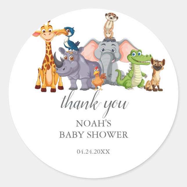 Pegatina Redonda Cute Safari, vegetación animal, ducha de bebé (Anverso)