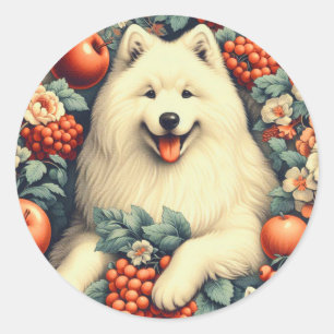 Pegatina Redonda Cute Samoyed Floral Pintura