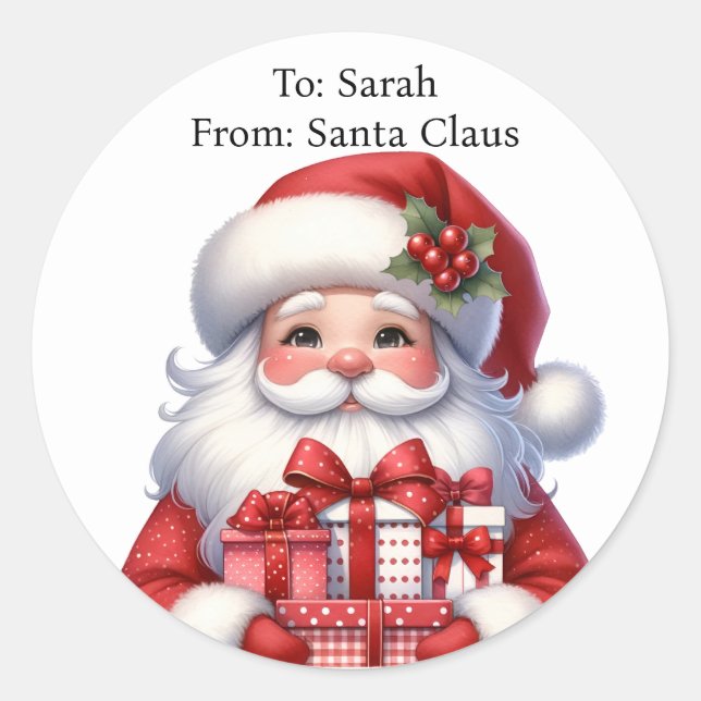 Pegatina Redonda Cute Santa Añadir el nombre del niño Navidades gra (Anverso)