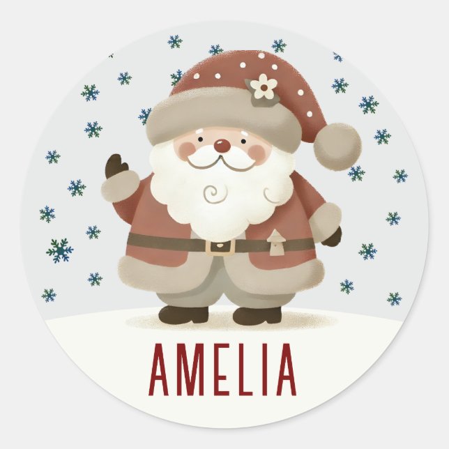 Pegatina Redonda Cute Santa Clause Snowflakes Drawing Christmas (Anverso)