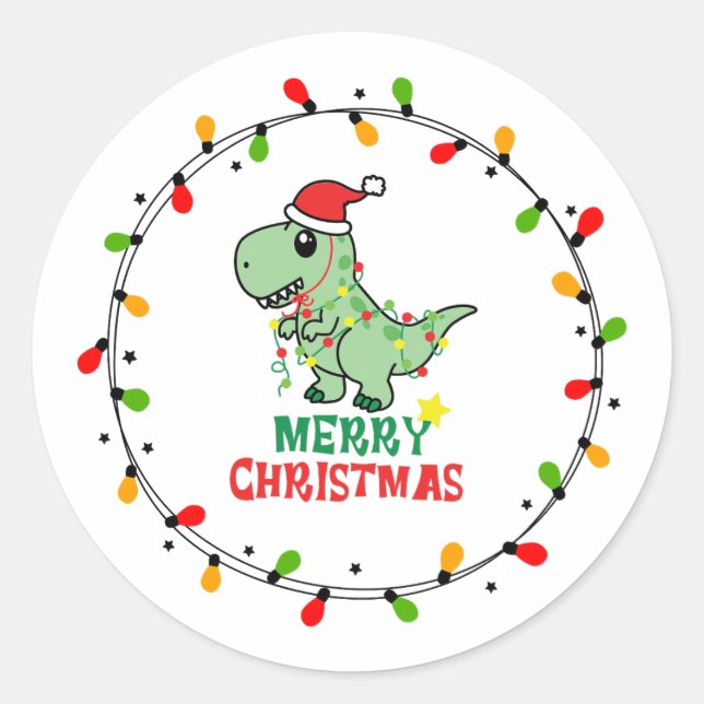 Pegatina Redonda Cute Santa Dino Merry Christmas  (Anverso)