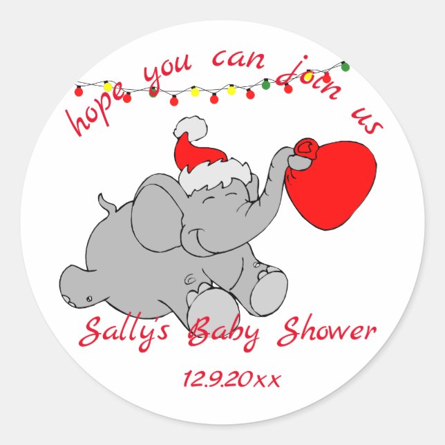 Pegatina Redonda Cute Santa Elephant Baby Shower (Anverso)