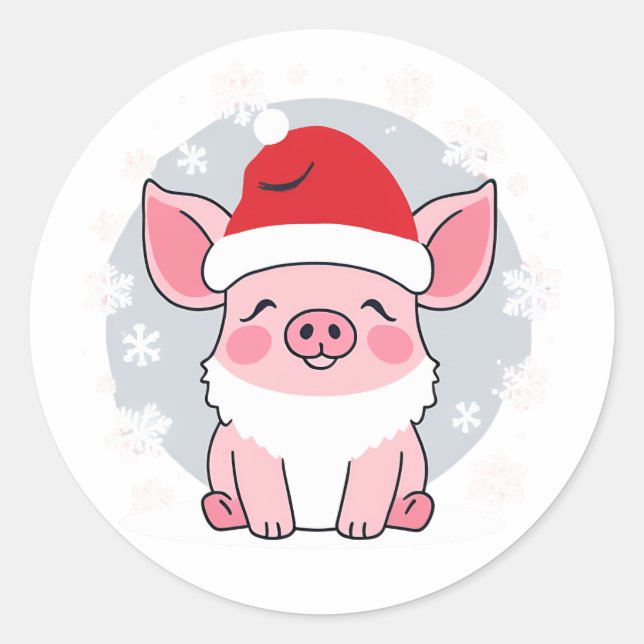 Pegatina Redonda Cute Santa Piglet, Holiday Piggie (Anverso)