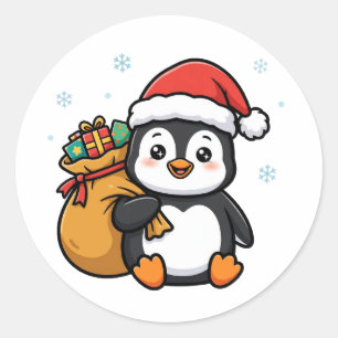 Pegatina Redonda Cute Santa Pingüino Sticker de Navidad
