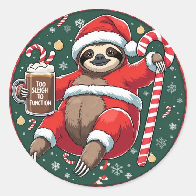 Pegatina Redonda Cute Santa Sloth on Candy Cane with Hot Cocoa (Anverso)