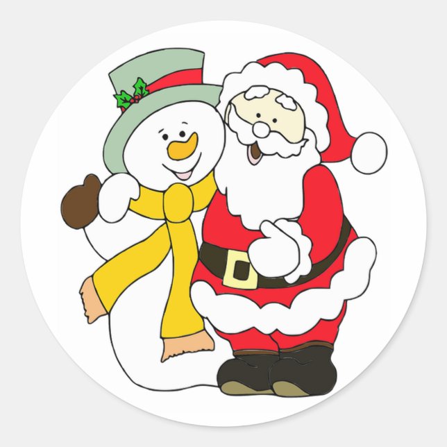 Pegatina Redonda Cute Santa y Snowman (Anverso)