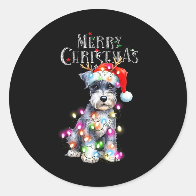 Pegatina Redonda Cute Schnauzer Christmas Lights Xmas Dog Santa Hat (Anverso)