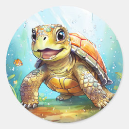 Pegatina Redonda Cute Sea Turtle in the Ocean Cartoon