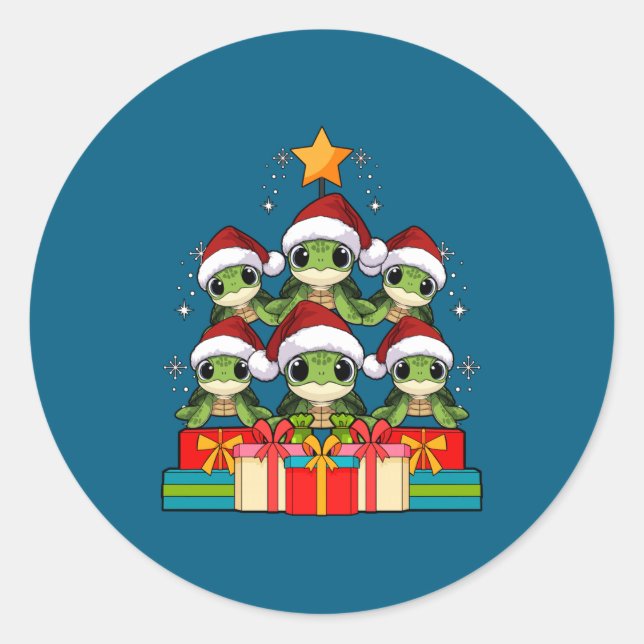 Pegatina Redonda Cute Sea Turtle Le Ocean Christmas Tree Xmas Hat L (Anverso)