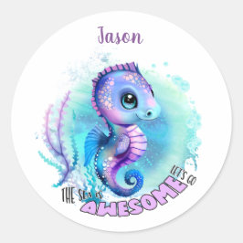 Pegatina Redonda Cute Seahorse Summer Name Boy