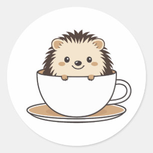 Pegatina Redonda Cute Sesión de Hedgehog en la Copa del Café