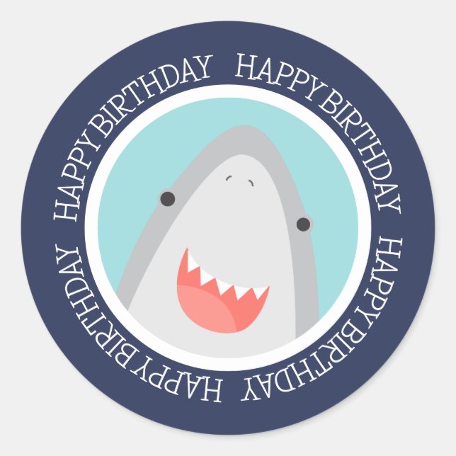 Pegatina Redonda Cute Shark Happy Birthday (Anverso)