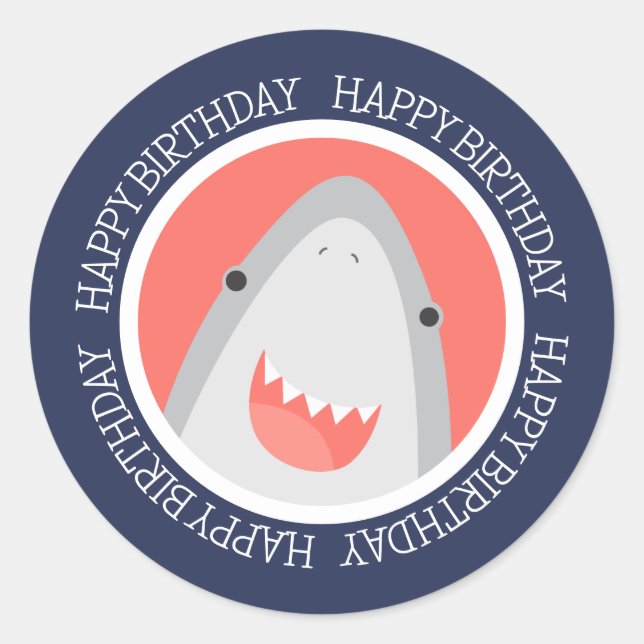 Pegatina Redonda Cute Shark Happy Birthday (Anverso)