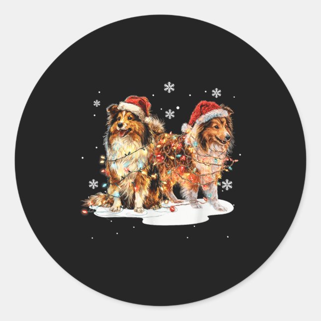 Pegatina Redonda Cute Shetland Sheepdog Dog Christmas Lights Xmas H (Anverso)