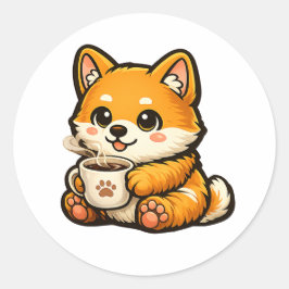 Pegatina Redonda Cute Shiba Inu con Café – Ilustración de Perro Aco