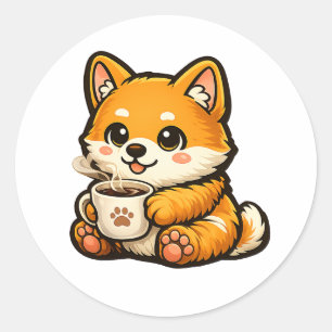 Pegatina Redonda Cute Shiba Inu con Café – Ilustración de Perro Aco