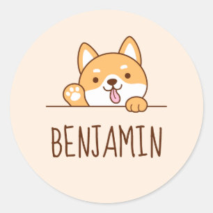 Pegatina Redonda Cute Shiba Inu Corgi Perro Buscando nombre persona