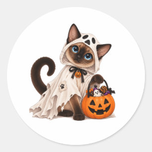 Pegatina Redonda Cute Siamese Cat Ghost Halloween