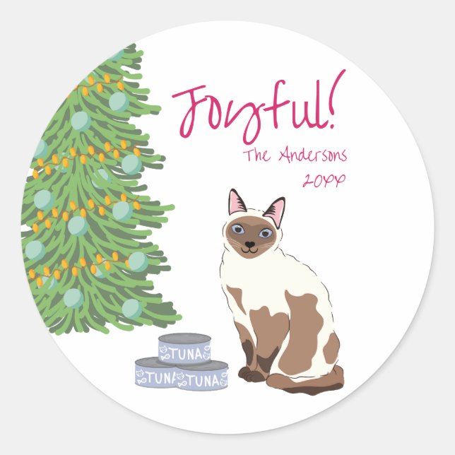 Pegatina Redonda Cute Siamese Cat with Tuna Joyful Christmas  (Anverso)