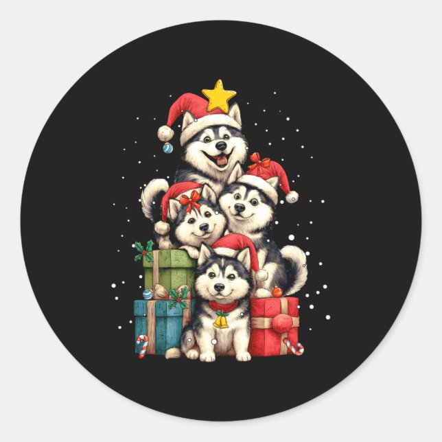 Pegatina Redonda Cute Siberian Husky Le Dog Christmas Tree Xmas Hat (Anverso)