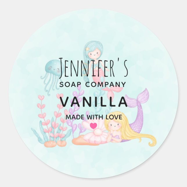 Pegatina Redonda Cute sirena bajo el jabón acuático marino (Anverso)