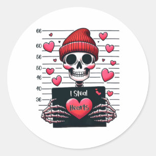 Pegatina Redonda Cute Skeleton Mugshot robo corazones Skeleton Vale