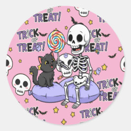 Pegatina Redonda Cute Skeletons Pink For Halloween