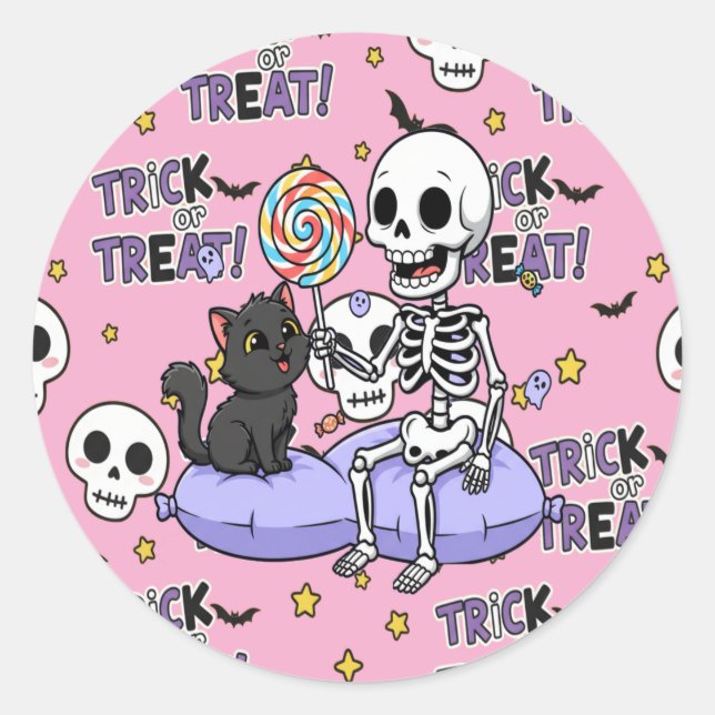 Pegatina Redonda Cute Skeletons Pink For Halloween (Anverso)
