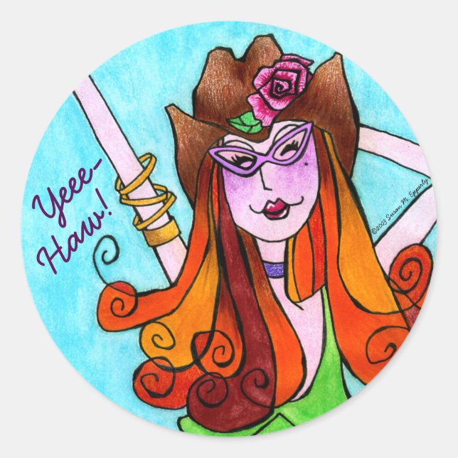 Pegatina Redonda Cute Skinny Texas Cowgirl YeeHaw (Anverso)