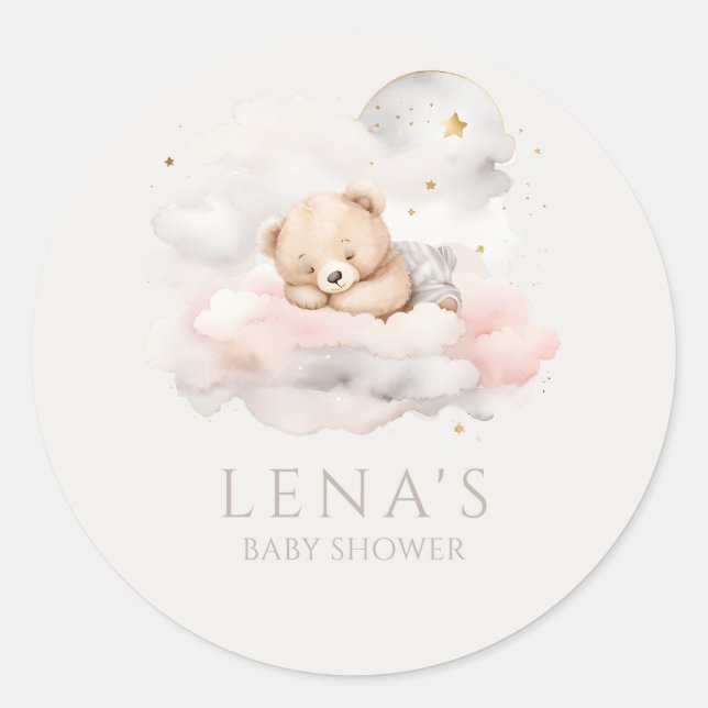 Pegatina Redonda Cute Sleeping Teddy Bear Baby Shower (Anverso)