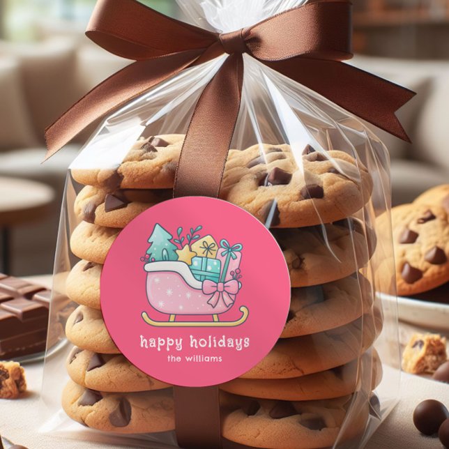 Pegatina Redonda Cute Sleigh with Goodies Happy Holidays Pink  (Subido por el creador)