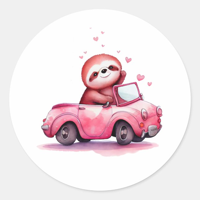 Pegatina Redonda Cute Sloth Driving a Pink Convertible (Anverso)