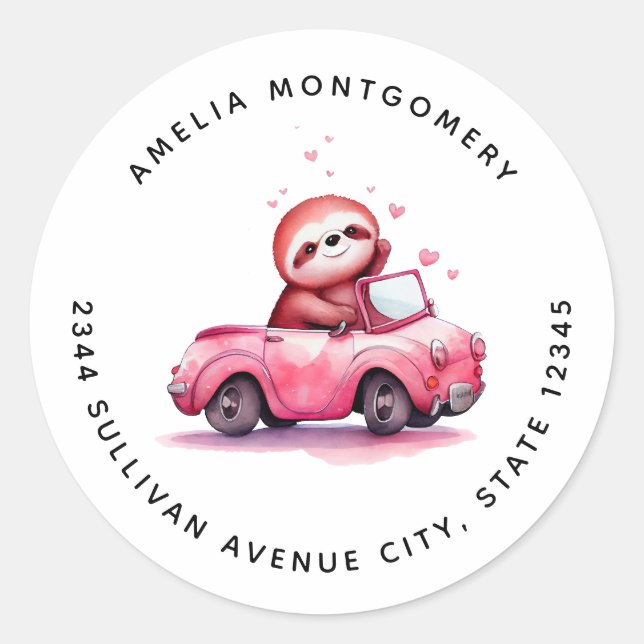 Pegatina Redonda Cute Sloth Driving a Pink Convertible - Address (Anverso)