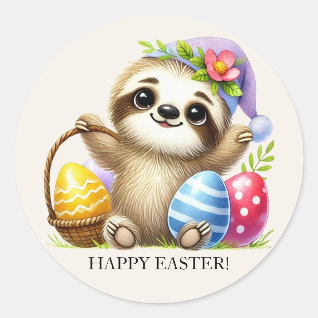 Pegatina Redonda Cute Sloth Huevos de Pascua  (Anverso)