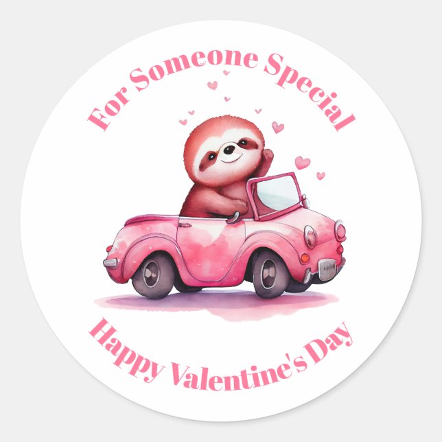 Pegatina Redonda Cute Sloth in a Pink Convertible Valentine's Day (Anverso)
