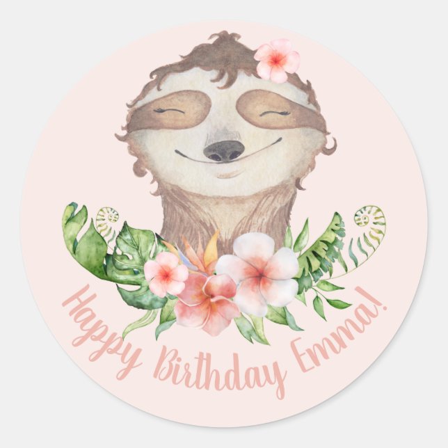 Pegatina Redonda Cute sloth personalizado feliz cumpleaños (Anverso)