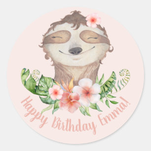 Pegatina Redonda Cute sloth personalizado feliz cumpleaños