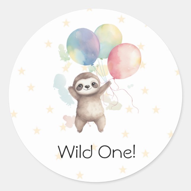 Pegatina Redonda Cute Sloth Watercolor Globos salvaje un cumpleaños (Anverso)