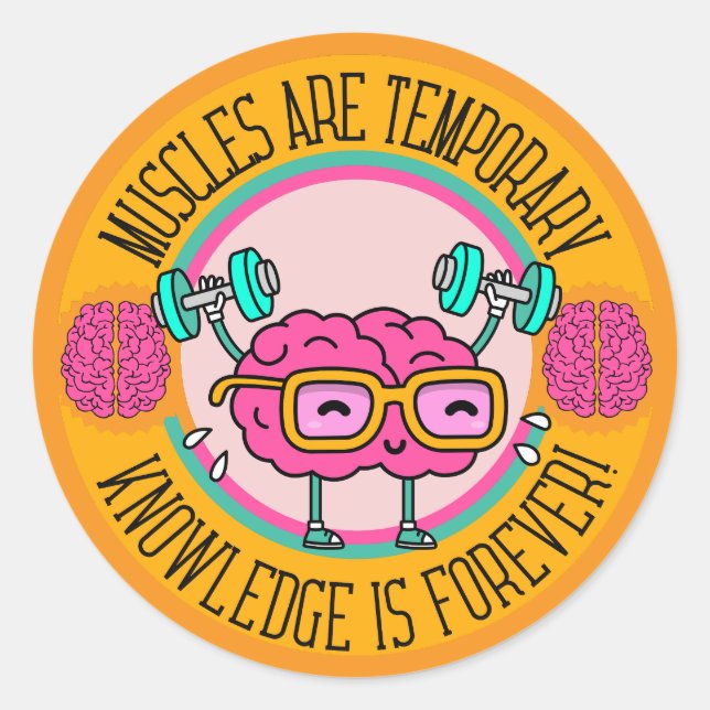 Pegatina Redonda Cute Smart Pink Brain Knowledge Is Forever  (Anverso)