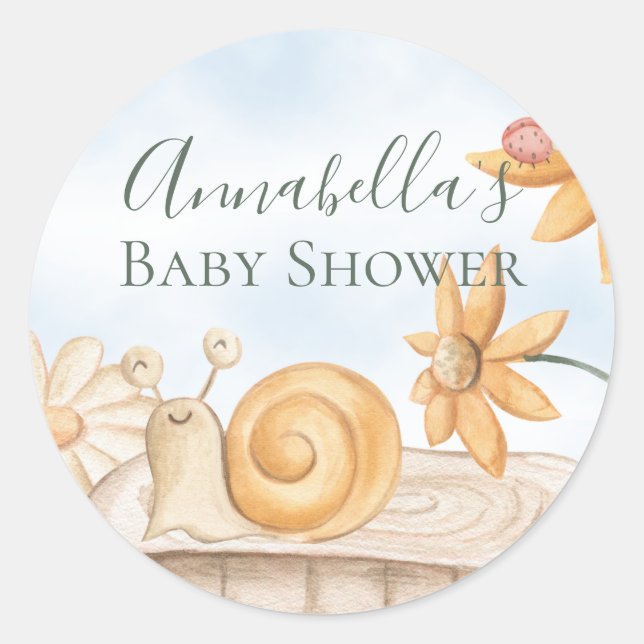 Pegatina Redonda Cute Snail and Ladybug Garden Tema Baby Shower (Anverso)