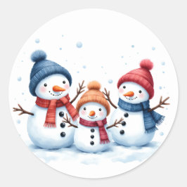 Pegatina Redonda Cute Snowman Family Watercolor Illustration Round 