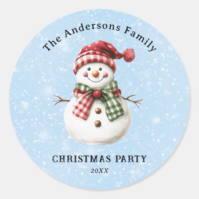 Pegatina Redonda Cute Snowman Merry Christmas Family Party Custom (Anverso)