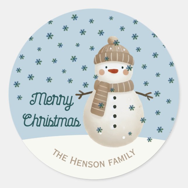Pegatina Redonda Cute Snowman Snowflakes Drawing Name Christmas (Anverso)