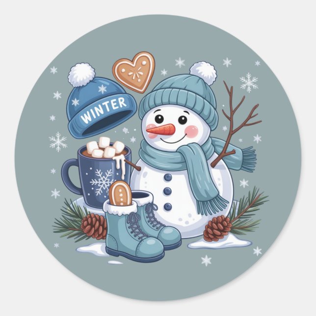 Pegatina Redonda Cute Snowman Winter Season Vibes Christmas Holiday (Anverso)