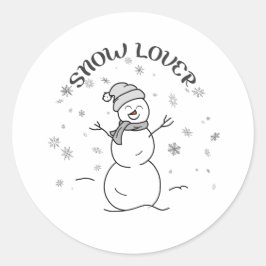Pegatina Redonda Cute Snowman with SNOW LOVER Text and Snowflakes  