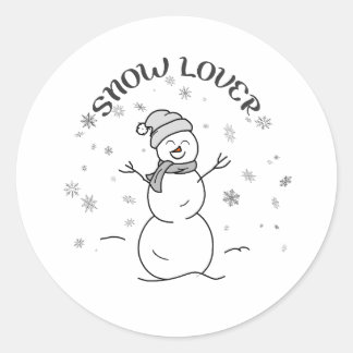 Pegatina Redonda Cute Snowman with SNOW LOVER Text and Snowflakes  